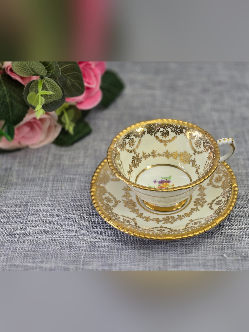 Vintage Paragon Demitasse Teacup & Saucer Wild Flowers White Center Gold Gilt